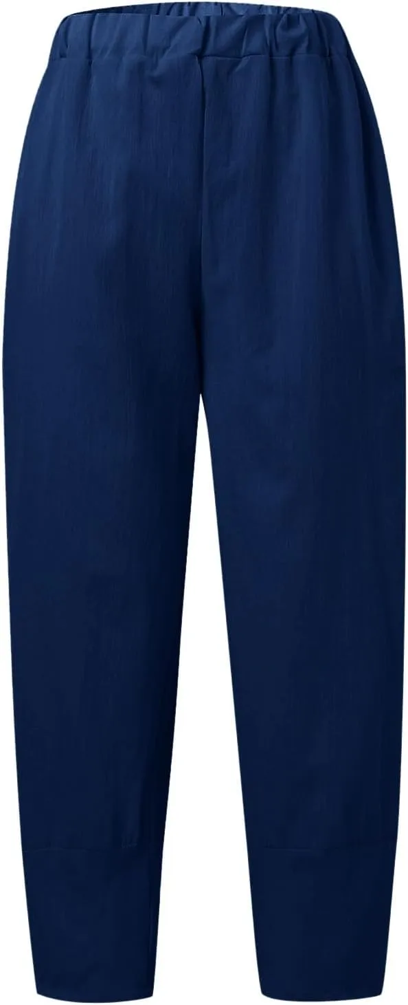 Women Linen Blend Summer Print Pant Trousers Low Waist Straight Loose Fit Pant Trousers Travel