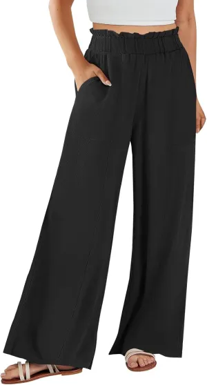 Women Linen Blend Summer Printed Pant Trousers Elastic Waist Lounge Pants Slim-Fit Palazzo Lounge Pants Beach