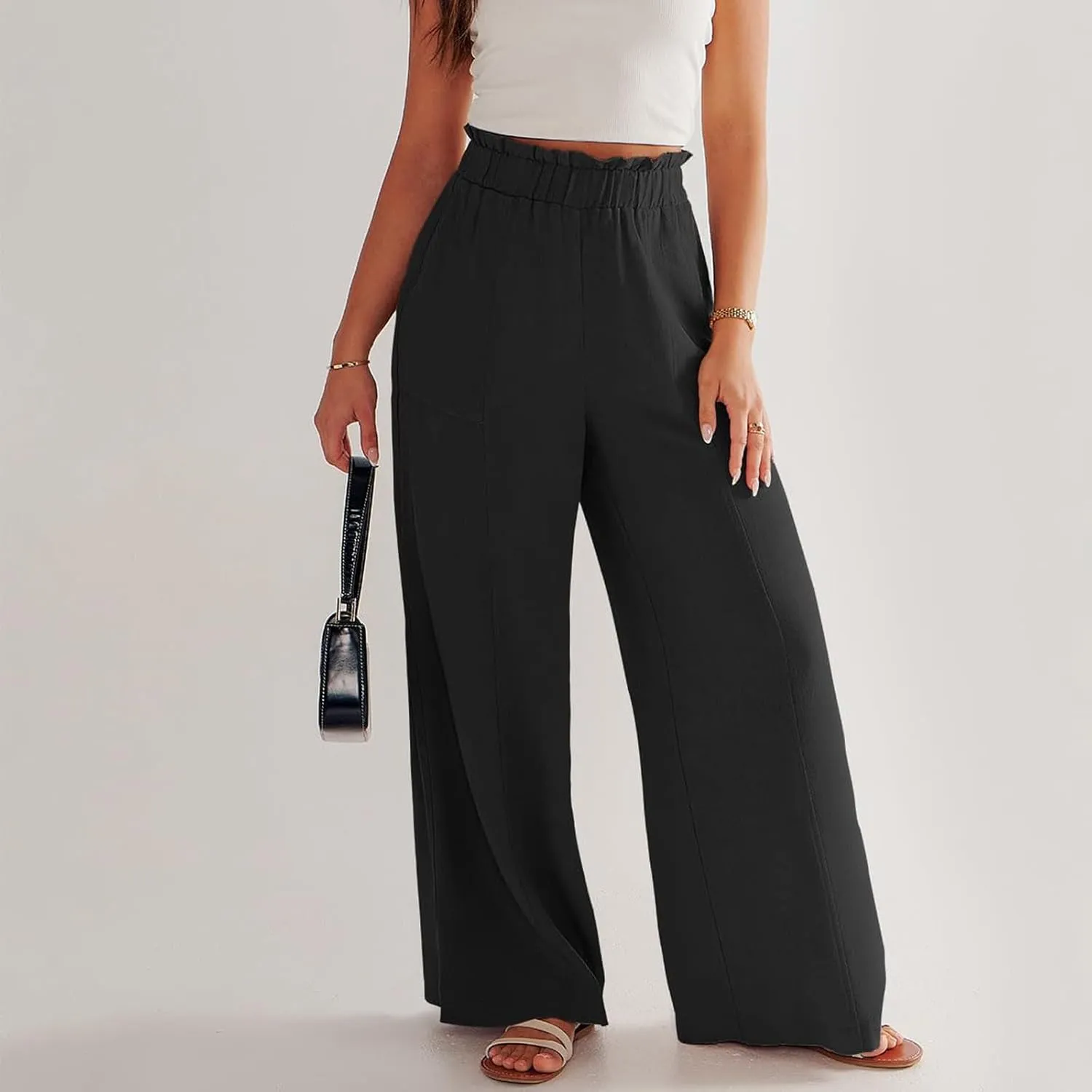 Women Linen Blend Summer Printed Pant Trousers Elastic Waist Lounge Pants Slim-Fit Palazzo Lounge Pants Beach