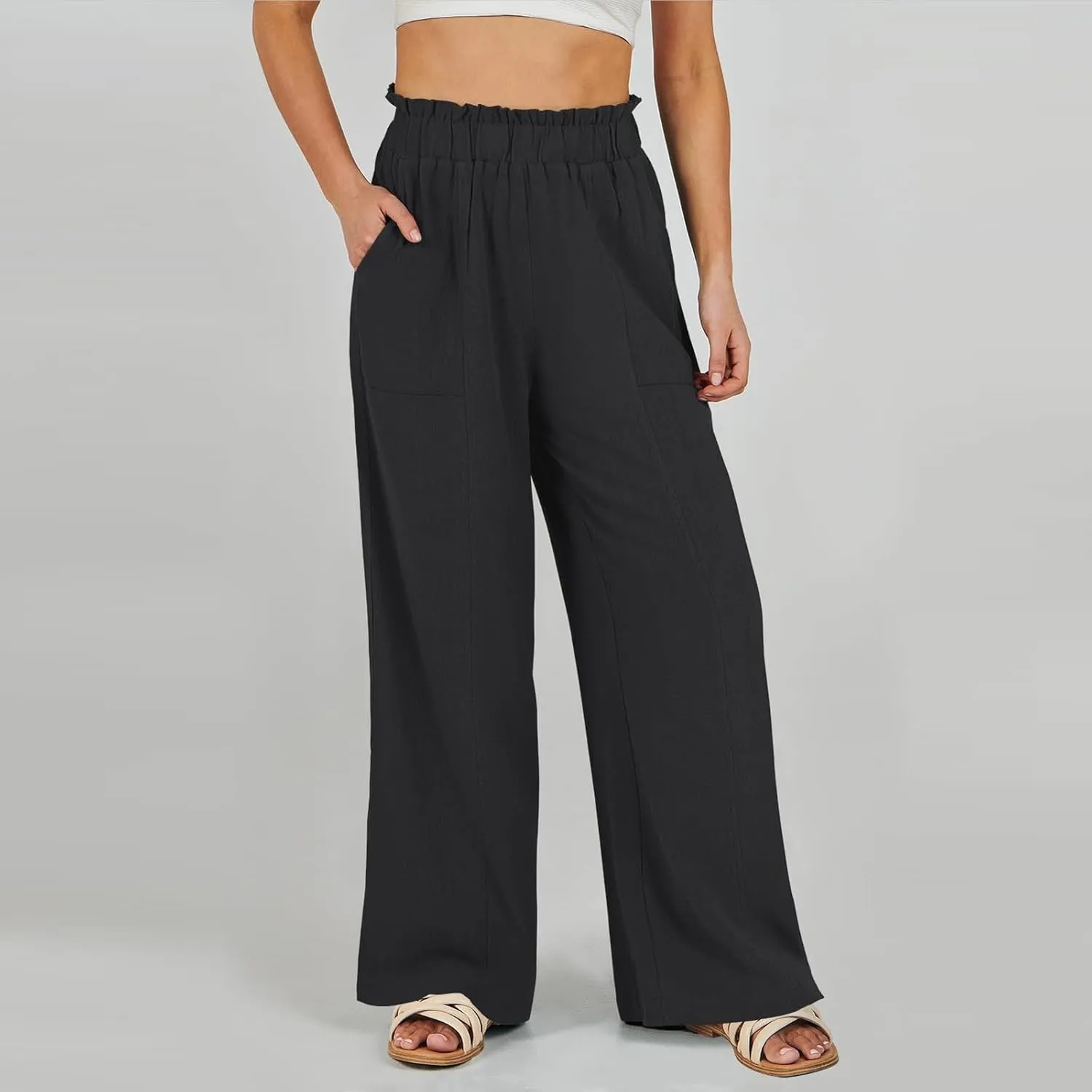 Women Linen Blend Summer Printed Pant Trousers Elastic Waist Lounge Pants Slim-Fit Palazzo Lounge Pants Beach