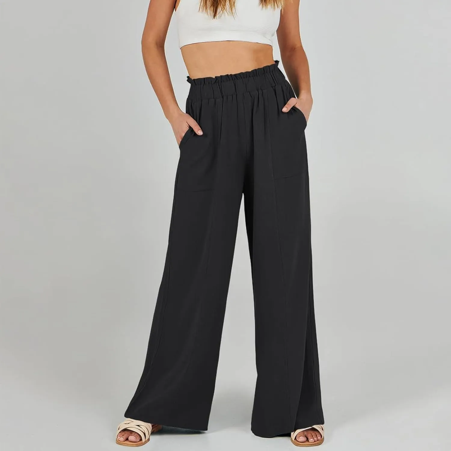 Women Linen Blend Summer Printed Pant Trousers Elastic Waist Lounge Pants Slim-Fit Palazzo Lounge Pants Beach