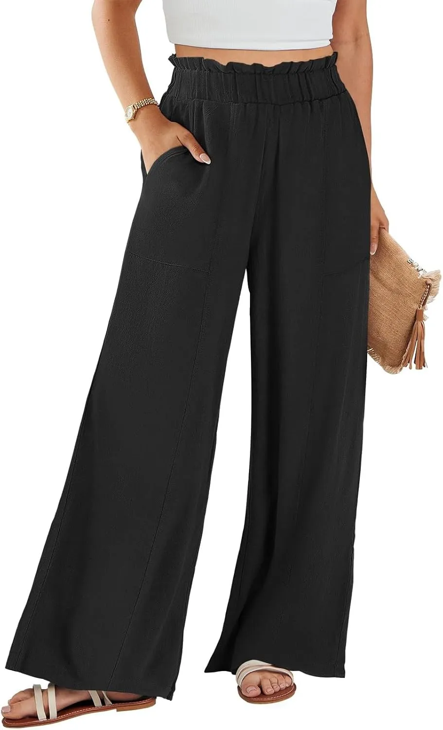 Women Linen Blend Summer Printed Pant Trousers Elastic Waist Lounge Pants Slim-Fit Palazzo Lounge Pants Beach