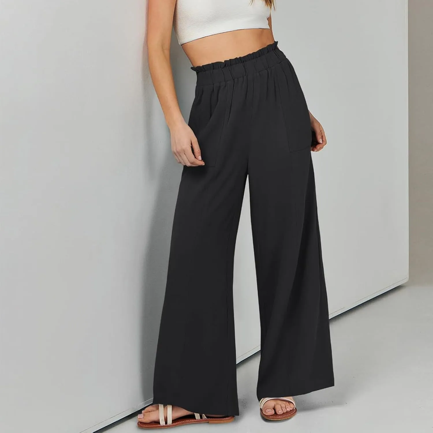 Women Linen Blend Summer Printed Pant Trousers Elastic Waist Lounge Pants Slim-Fit Palazzo Lounge Pants Beach