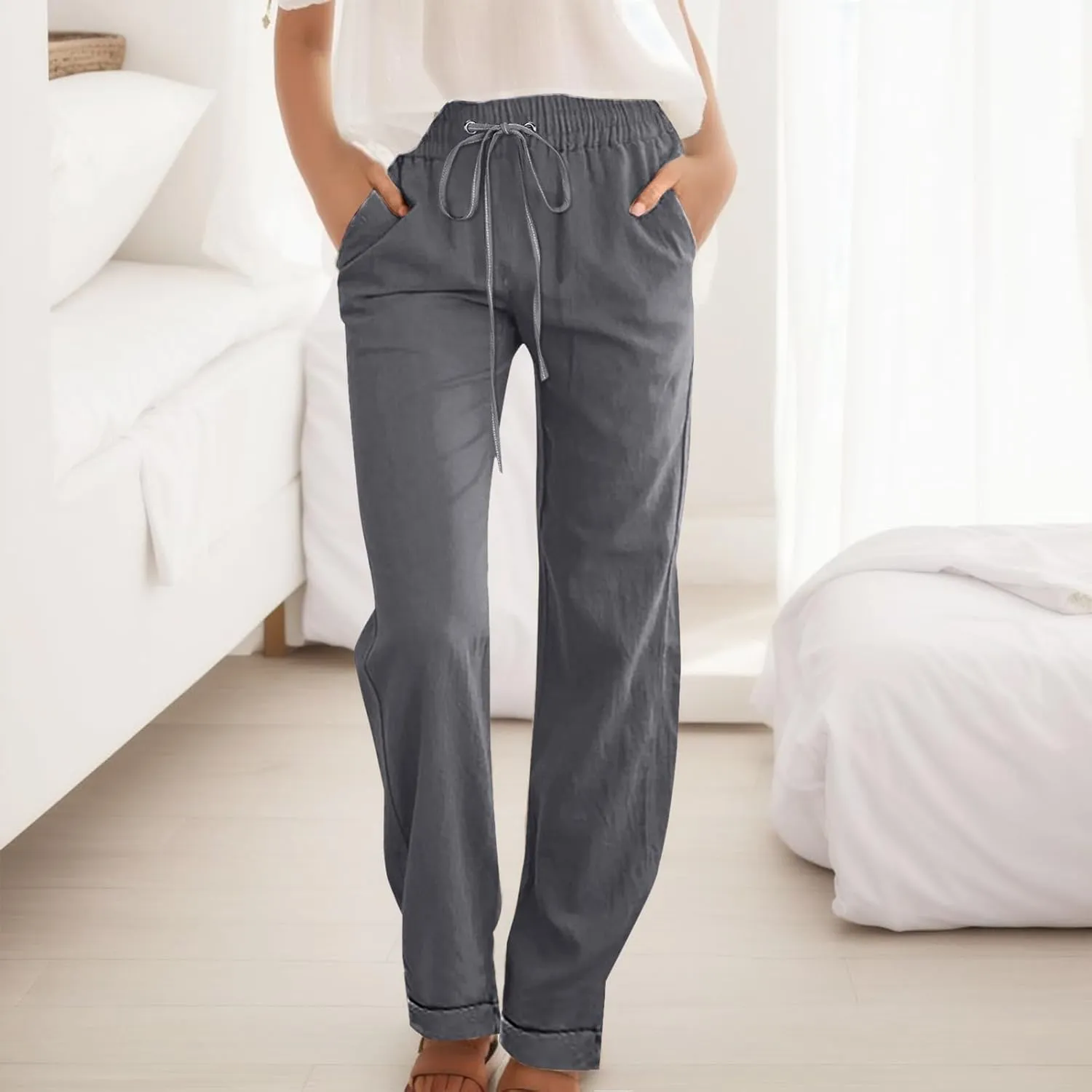 Women Linen Blend Summer Tie Knot Pant Trousers Elastic Waisted Lounge Pants Slim Fit Palazzo Pants Work Business