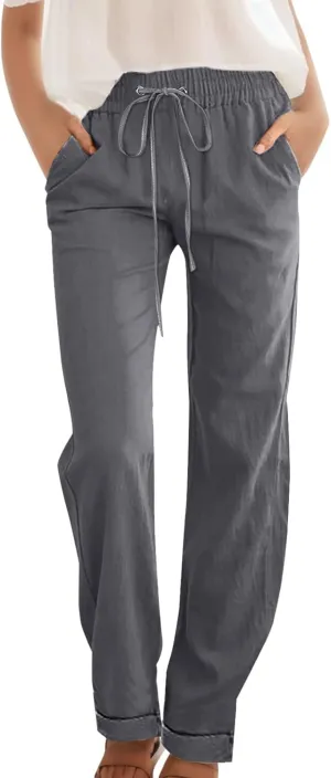 Women Linen Blend Summer Tie Knot Pant Trousers Elastic Waisted Lounge Pants Slim Fit Palazzo Pants Work Business