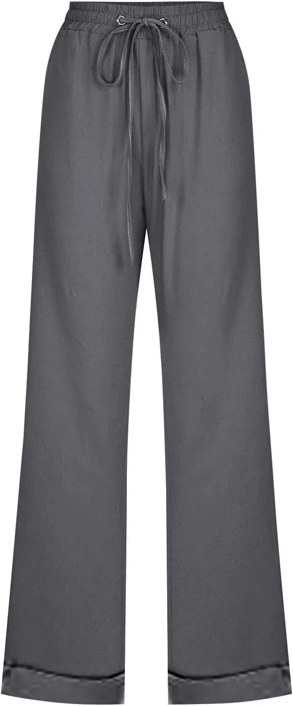 Women Linen Blend Summer Tie Knot Pant Trousers Elastic Waisted Lounge Pants Slim Fit Palazzo Pants Work Business