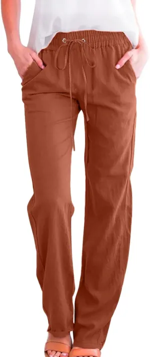 Women Linen Blend Summer Trendy Pants High Waist Stretchy Plus Size Palazzo Lounge Pants Business Work