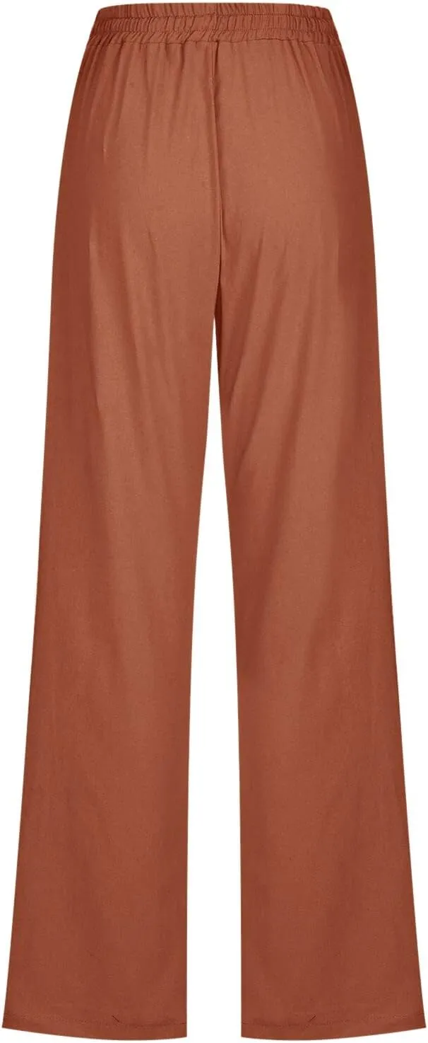 Women Linen Blend Summer Trendy Pants High Waist Stretchy Plus Size Palazzo Lounge Pants Business Work