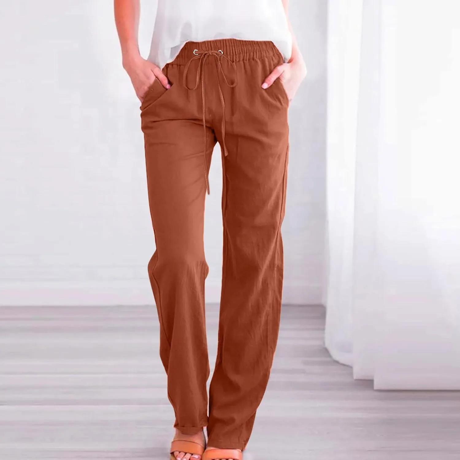 Women Linen Blend Summer Trendy Pants High Waist Stretchy Plus Size Palazzo Lounge Pants Business Work