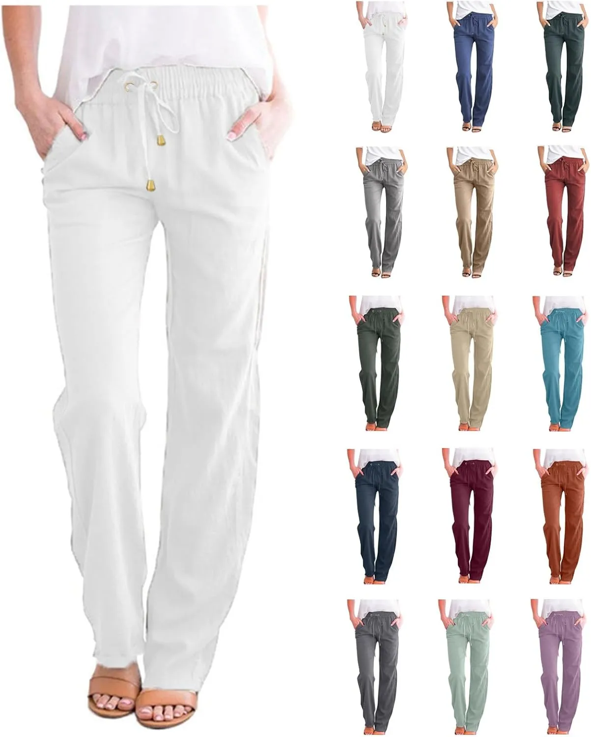 Women Linen Pants Beach Drawstring Joggers Cotton Loose Gauze Pants Summer Causal Lightweight Pants Wide Leg Trousers
