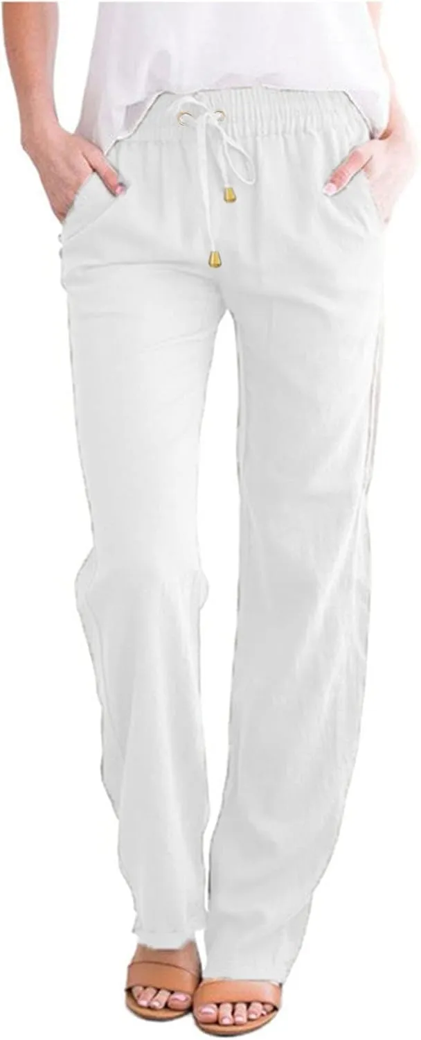 Women Linen Pants Beach Drawstring Joggers Cotton Loose Gauze Pants Summer Causal Lightweight Pants Wide Leg Trousers