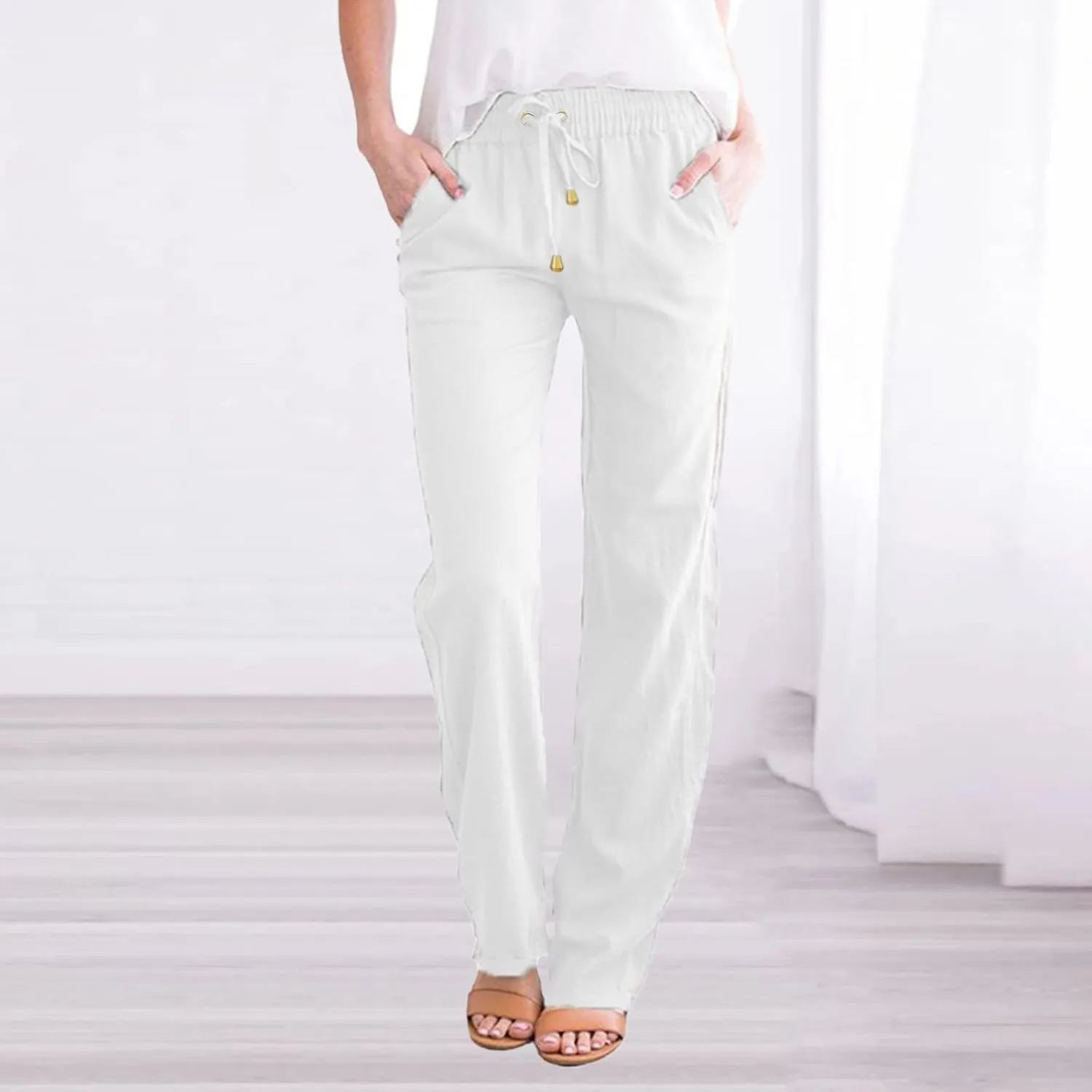 Women Linen Pants Beach Drawstring Joggers Cotton Loose Gauze Pants Summer Causal Lightweight Pants Wide Leg Trousers