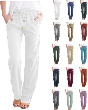 Women Linen Pants Beach Drawstring Joggers Cotton Loose Gauze Pants Summer Causal Lightweight Pants Wide Leg Trousers