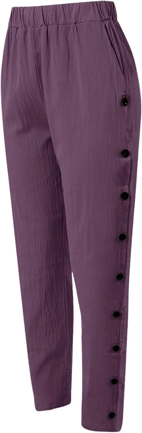 Women Linen Pants Loose Fit Summer Casual Boho Straight Leg High Waist Solid Color Linen Pants Breathable Ankle Trousers