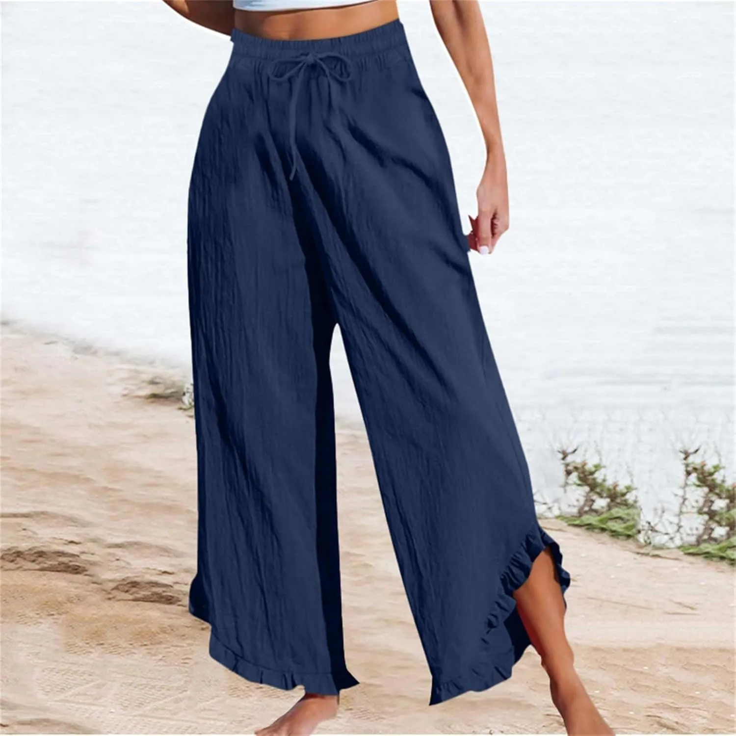 Women Linen Pants Summer Wide Leg Pants Drawstring Waist Ruffle Hem Palazzo Pant Boho Flowy Beach Pants with Pockets