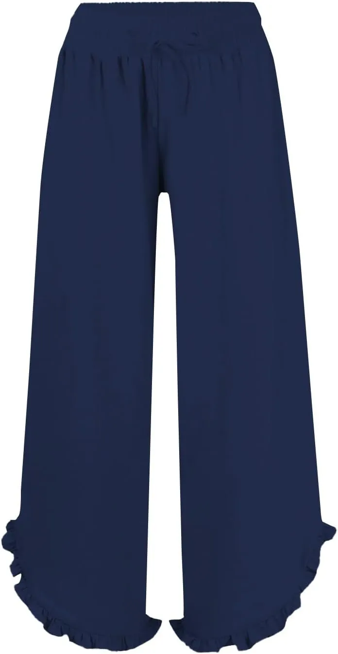 Women Linen Pants Summer Wide Leg Pants Drawstring Waist Ruffle Hem Palazzo Pant Boho Flowy Beach Pants with Pockets