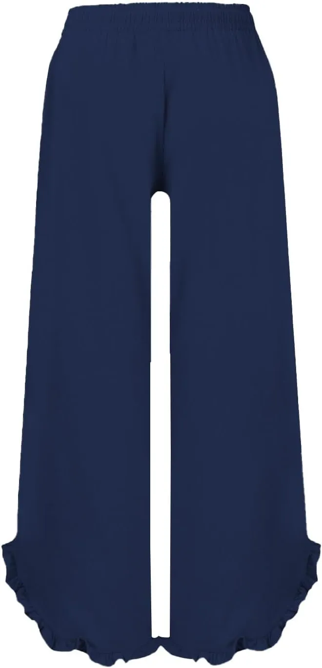 Women Linen Pants Summer Wide Leg Pants Drawstring Waist Ruffle Hem Palazzo Pant Boho Flowy Beach Pants with Pockets