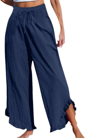Women Linen Pants Summer Wide Leg Pants Drawstring Waist Ruffle Hem Palazzo Pant Boho Flowy Beach Pants with Pockets