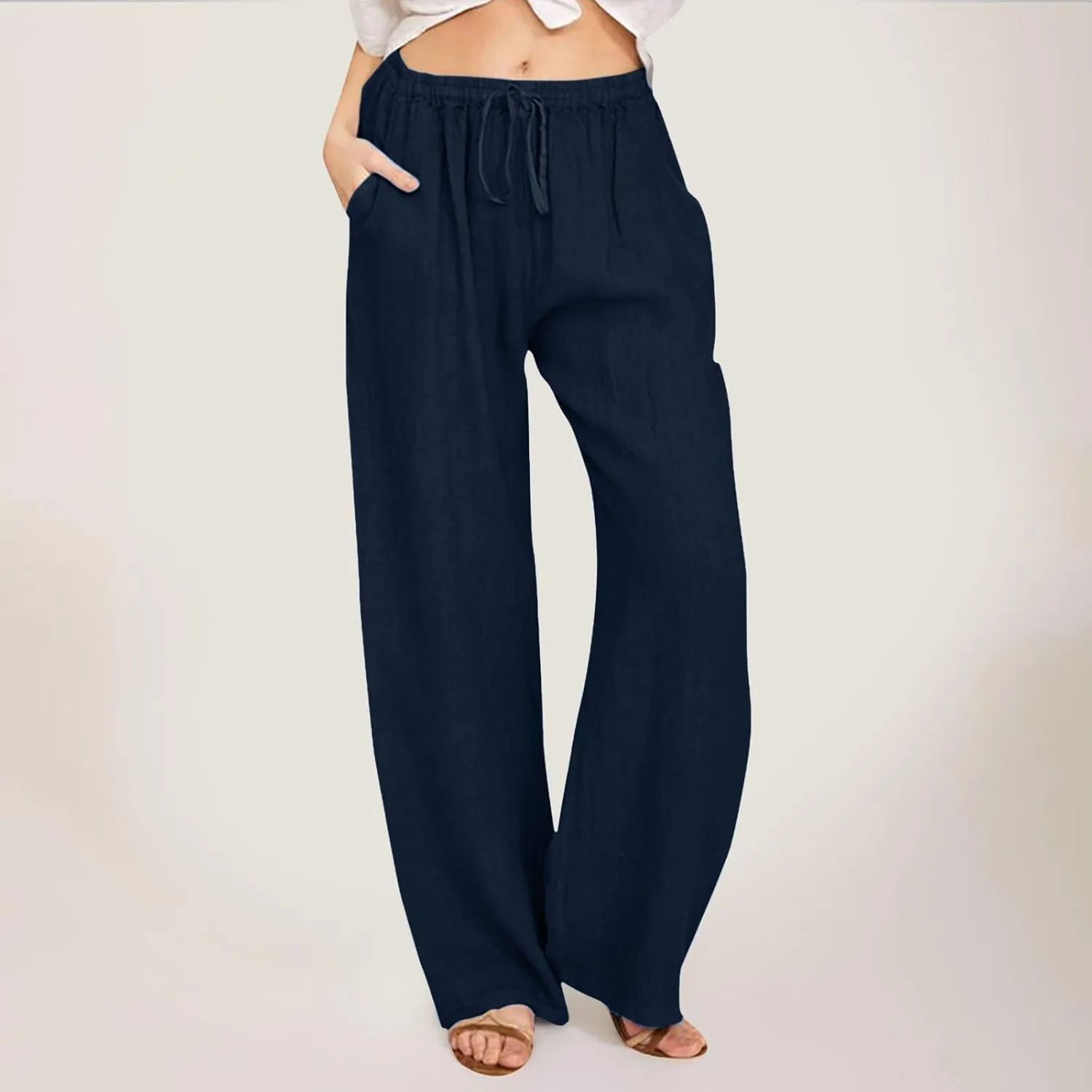 Women Linen Pants Wide Leg Pants High Waist Drawstring Casual Palazzo Loose Beach Pant Comfy Summer Trousers