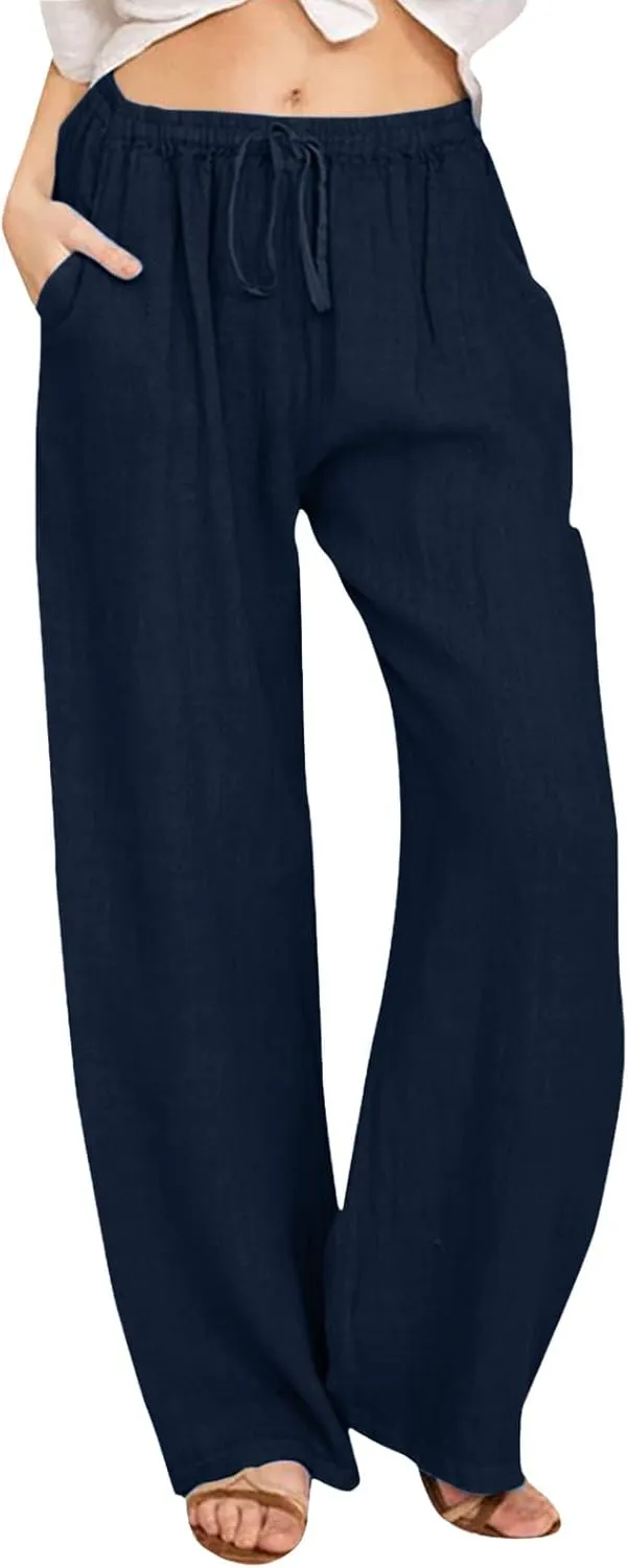 Women Linen Pants Wide Leg Pants High Waist Drawstring Casual Palazzo Loose Beach Pant Comfy Summer Trousers
