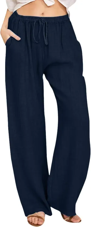Women Linen Pants Wide Leg Pants High Waist Drawstring Casual Palazzo Loose Beach Pant Comfy Summer Trousers