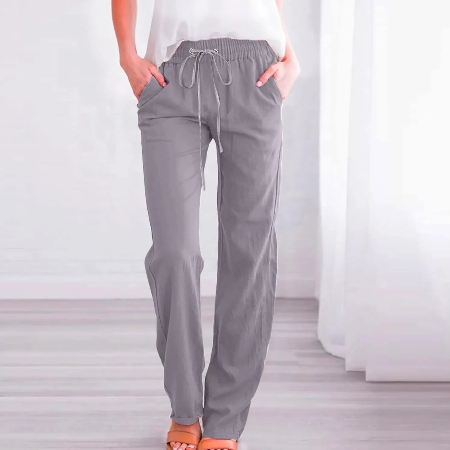 Women Linen Summer Baggy Pant Trousers Low Waist Stretchy Straight Loose Fit Pant Trousers Beach