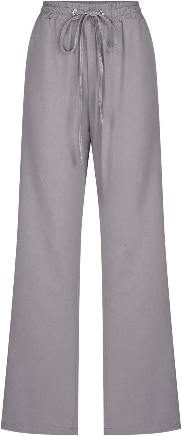 Women Linen Summer Baggy Pant Trousers Low Waist Stretchy Straight Loose Fit Pant Trousers Beach