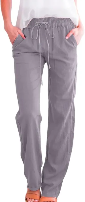Women Linen Summer Baggy Pant Trousers Low Waist Stretchy Straight Loose Fit Pant Trousers Beach