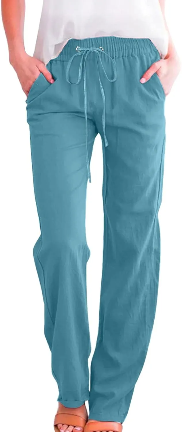 Women Linen Summer Boho Pant Trousers Low Waist Stretchy Plus Size Trouser Business Work