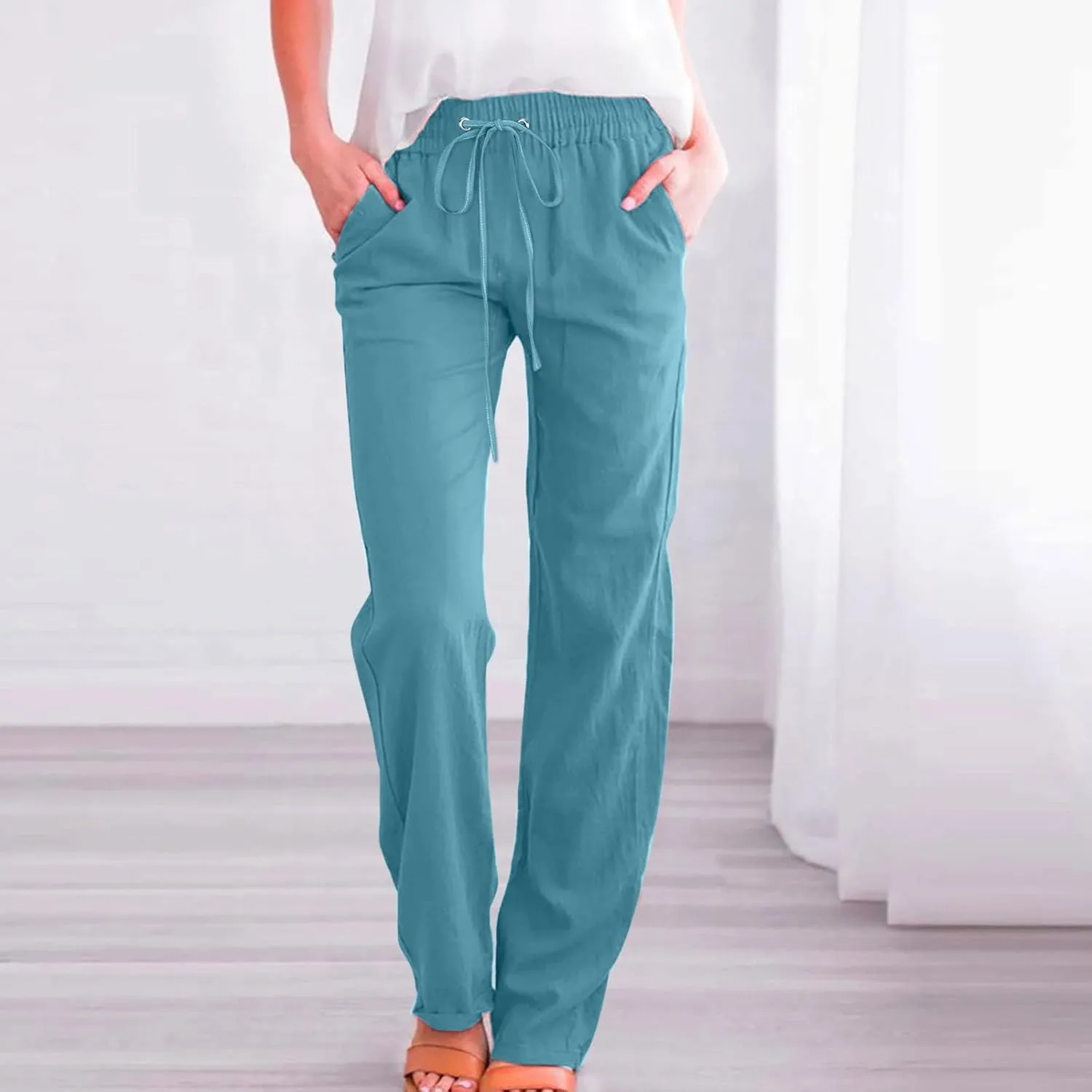 Women Linen Summer Boho Pant Trousers Low Waist Stretchy Plus Size Trouser Business Work