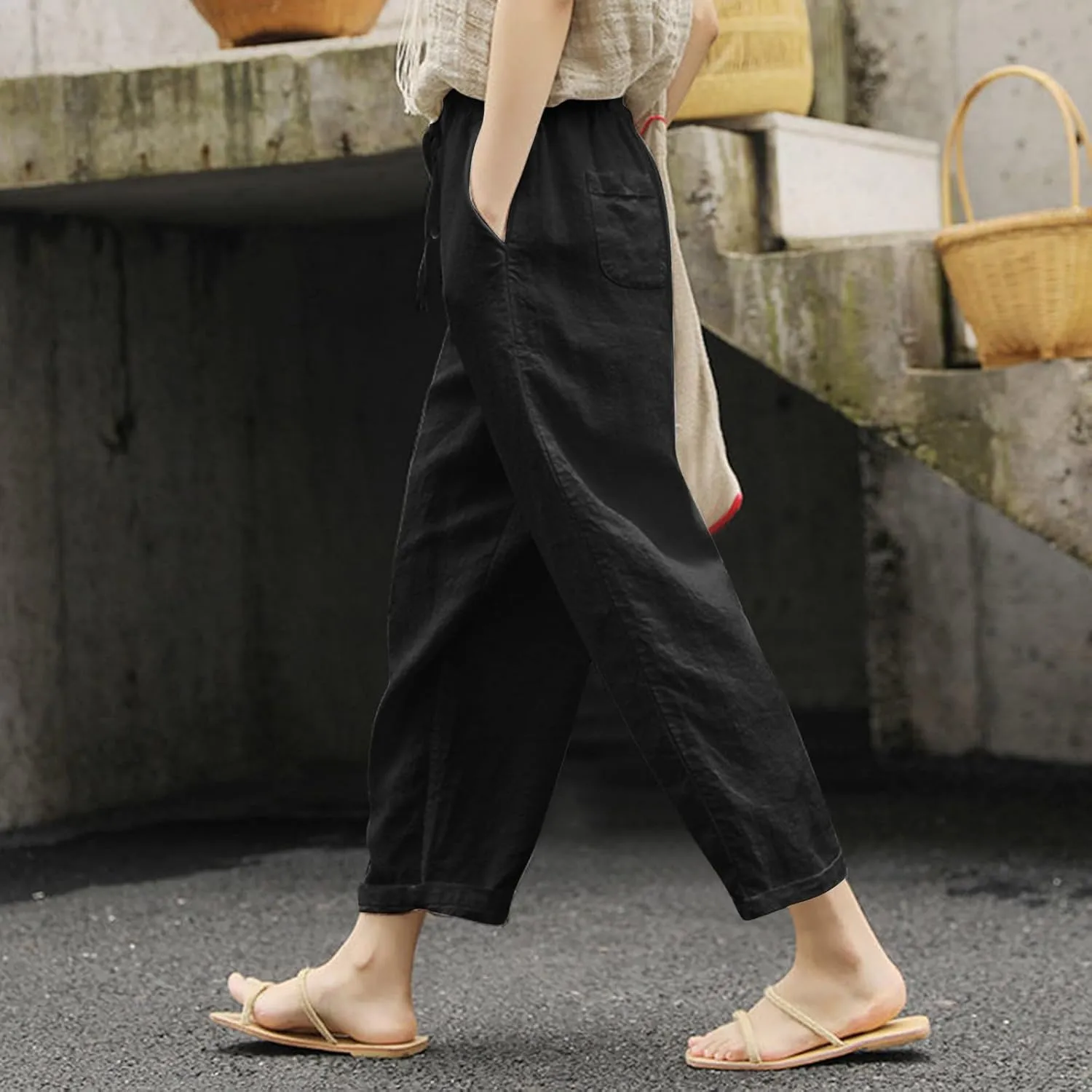 Women Linen Summer Split Flowy Palazzo Pants Low Waist Ankle Length Slim Fit Palazzo Pants Business Work
