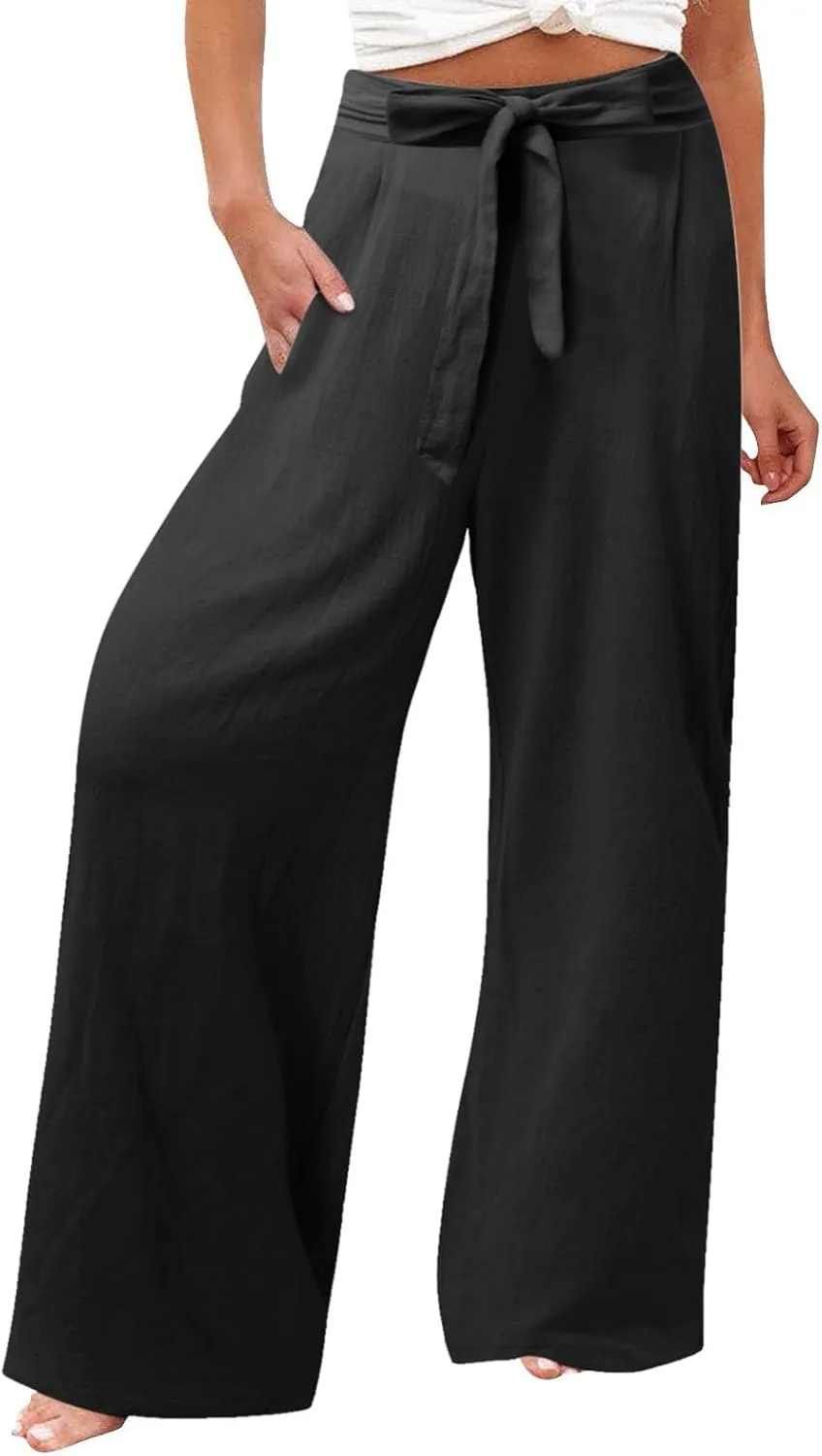 Women Linen Summer Tie Knot Palazzo Lounge Pants Elastic Waist Wide Leg Loose Fit Pants Travel