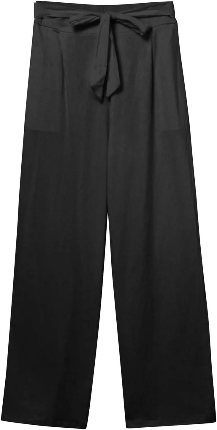 Women Linen Summer Tie Knot Palazzo Lounge Pants Elastic Waist Wide Leg Loose Fit Pants Travel