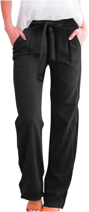 Women Linen Summer Tie Knot Palazzo Lounge Pants Elastic Waist Wide Leg Loose Fit Pants Travel