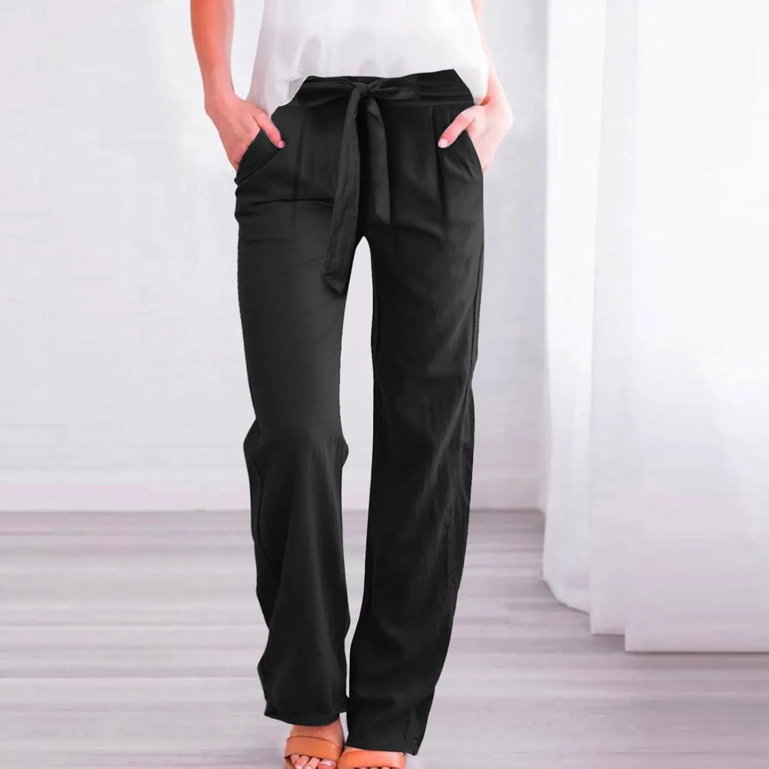 Women Linen Summer Tie Knot Palazzo Lounge Pants Elastic Waist Wide Leg Loose Fit Pants Travel