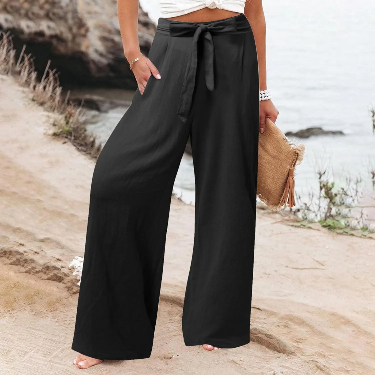 Women Linen Summer Tie Knot Palazzo Lounge Pants Elastic Waist Wide Leg Loose Fit Pants Travel