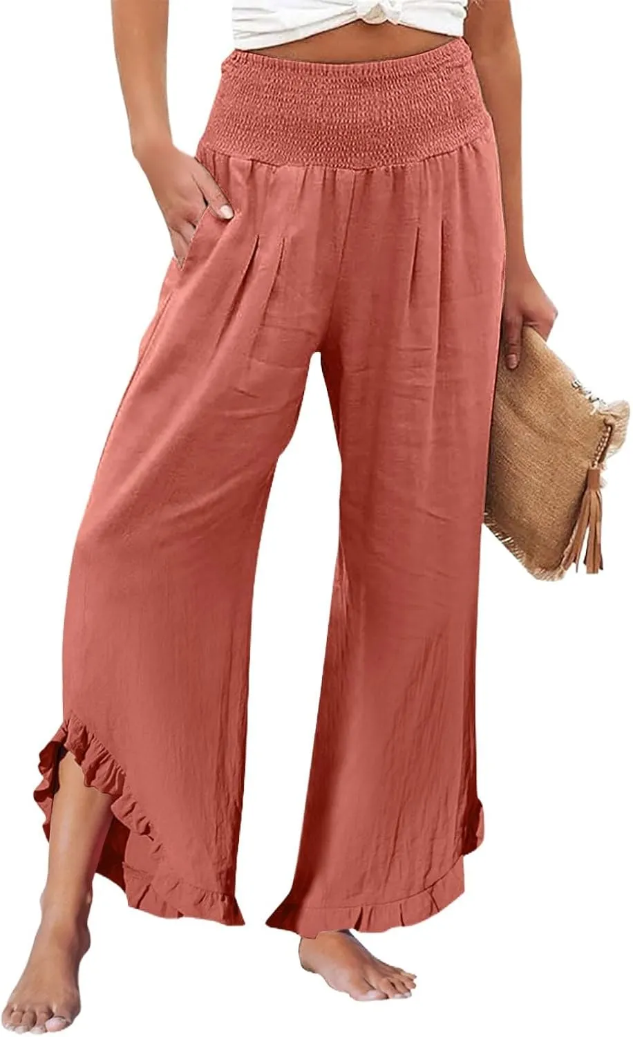 Women Linen Wide Leg Palazzo Pants Summer Flowy Baggy High Waist Casual Lounge Travel Trousers with Pockets