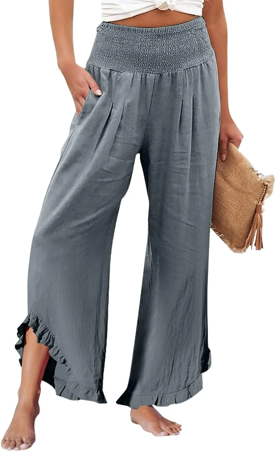 Women Linen Wide Leg Palazzo Pants Summer Flowy Baggy High Waist Casual Lounge Travel Trousers with Pockets