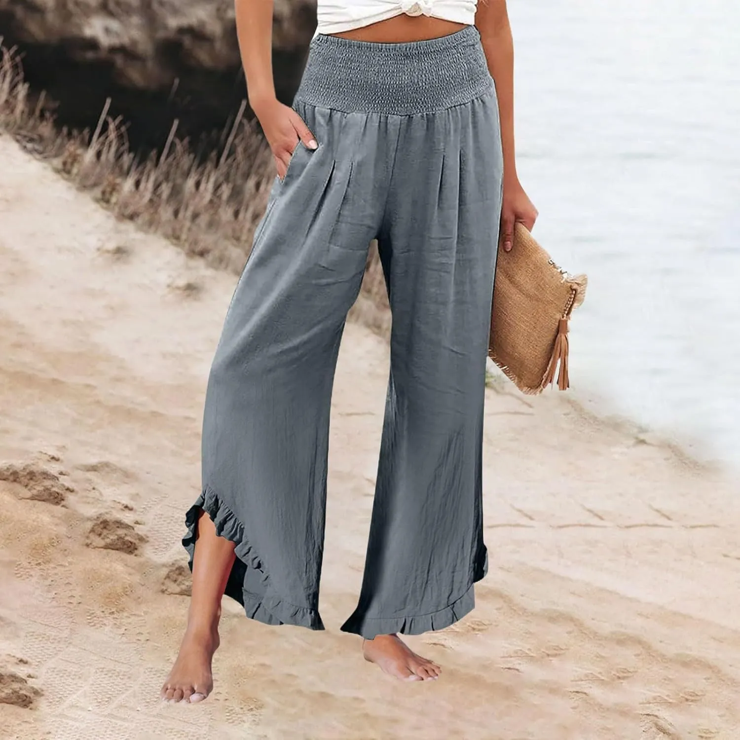 Women Linen Wide Leg Palazzo Pants Summer Flowy Baggy High Waist Casual Lounge Travel Trousers with Pockets