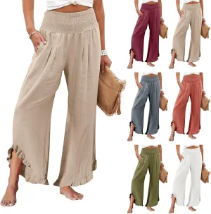 Women Linen Wide Leg Palazzo Pants Summer Flowy Baggy High Waist Casual Lounge Travel Trousers with Pockets