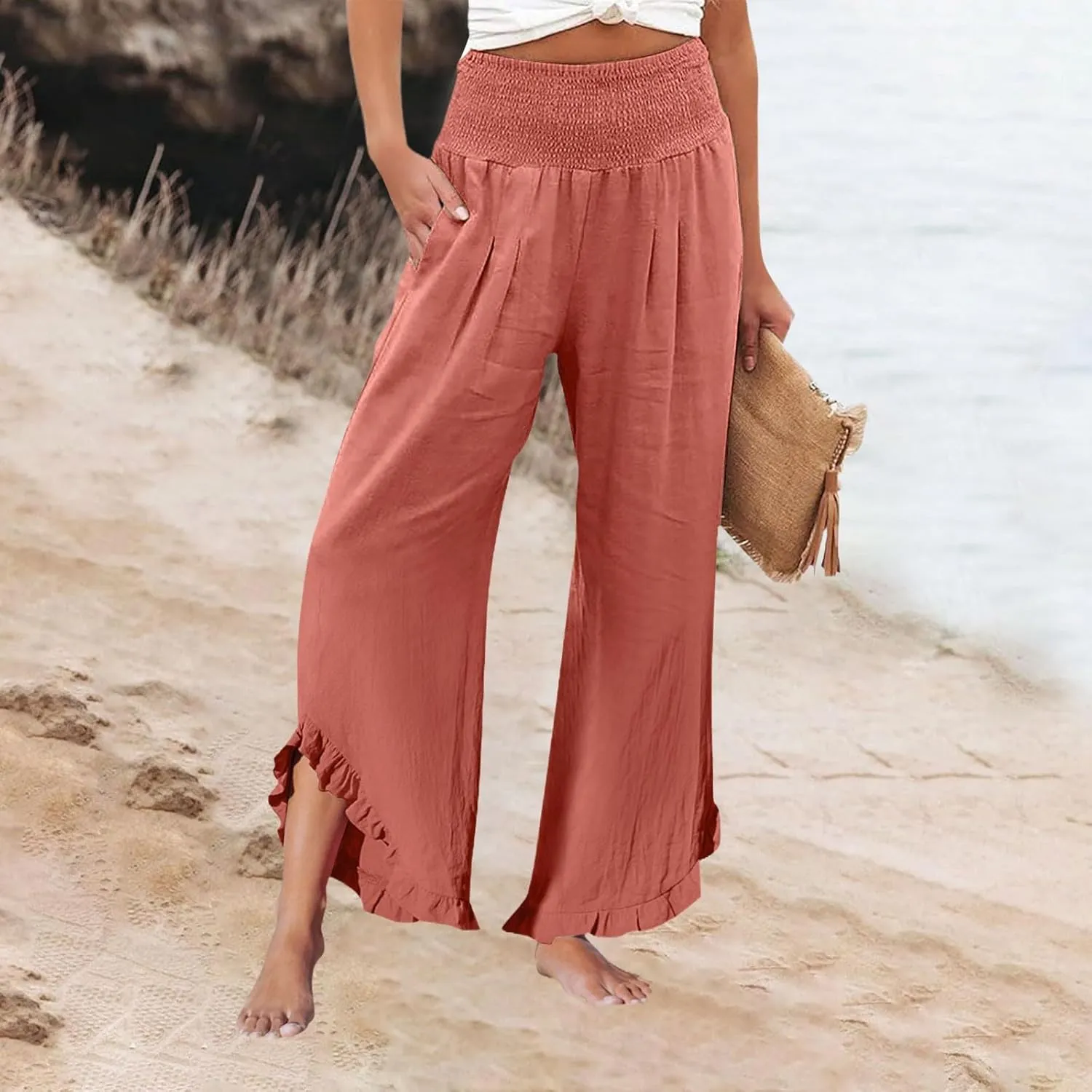 Women Linen Wide Leg Palazzo Pants Summer Flowy Baggy High Waist Casual Lounge Travel Trousers with Pockets