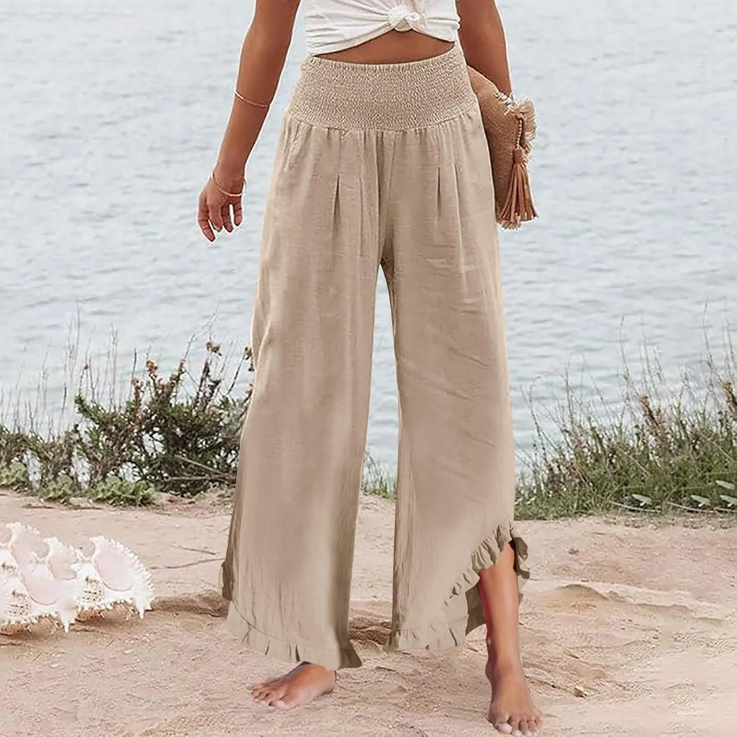Women Linen Wide Leg Palazzo Pants Summer Flowy Baggy High Waist Casual Lounge Travel Trousers with Pockets