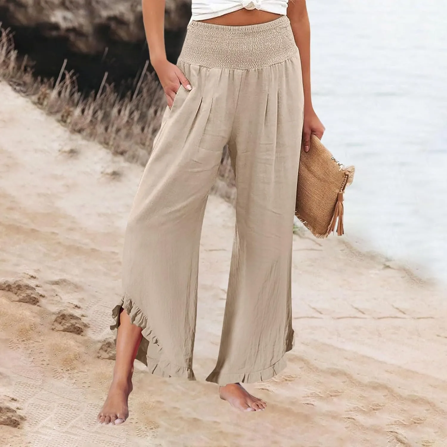 Women Linen Wide Leg Palazzo Pants Summer Flowy Baggy High Waist Casual Lounge Travel Trousers with Pockets