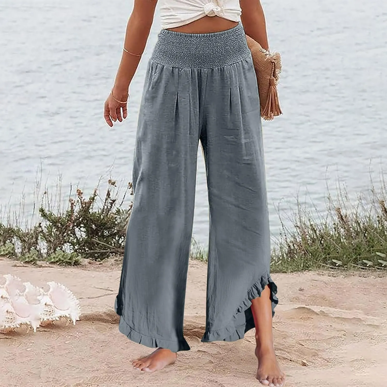 Women Linen Wide Leg Palazzo Pants Summer Flowy Baggy High Waist Casual Lounge Travel Trousers with Pockets
