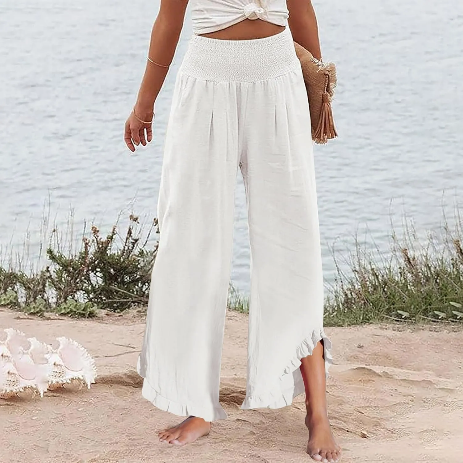 Women Linen Wide Leg Palazzo Pants Summer Flowy Baggy High Waist Casual Lounge Travel Trousers with Pockets