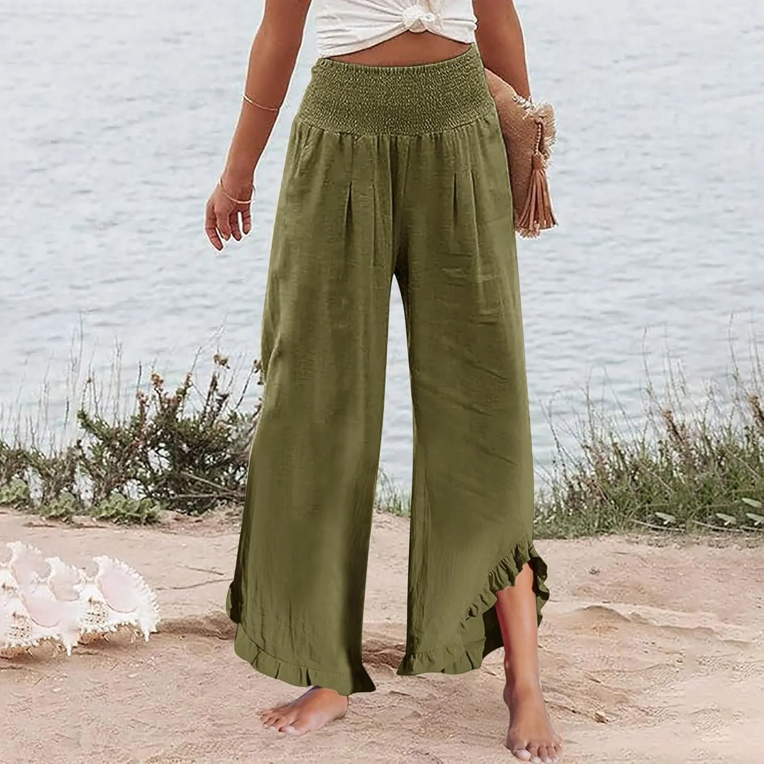 Women Linen Wide Leg Palazzo Pants Summer Flowy Baggy High Waist Casual Lounge Travel Trousers with Pockets