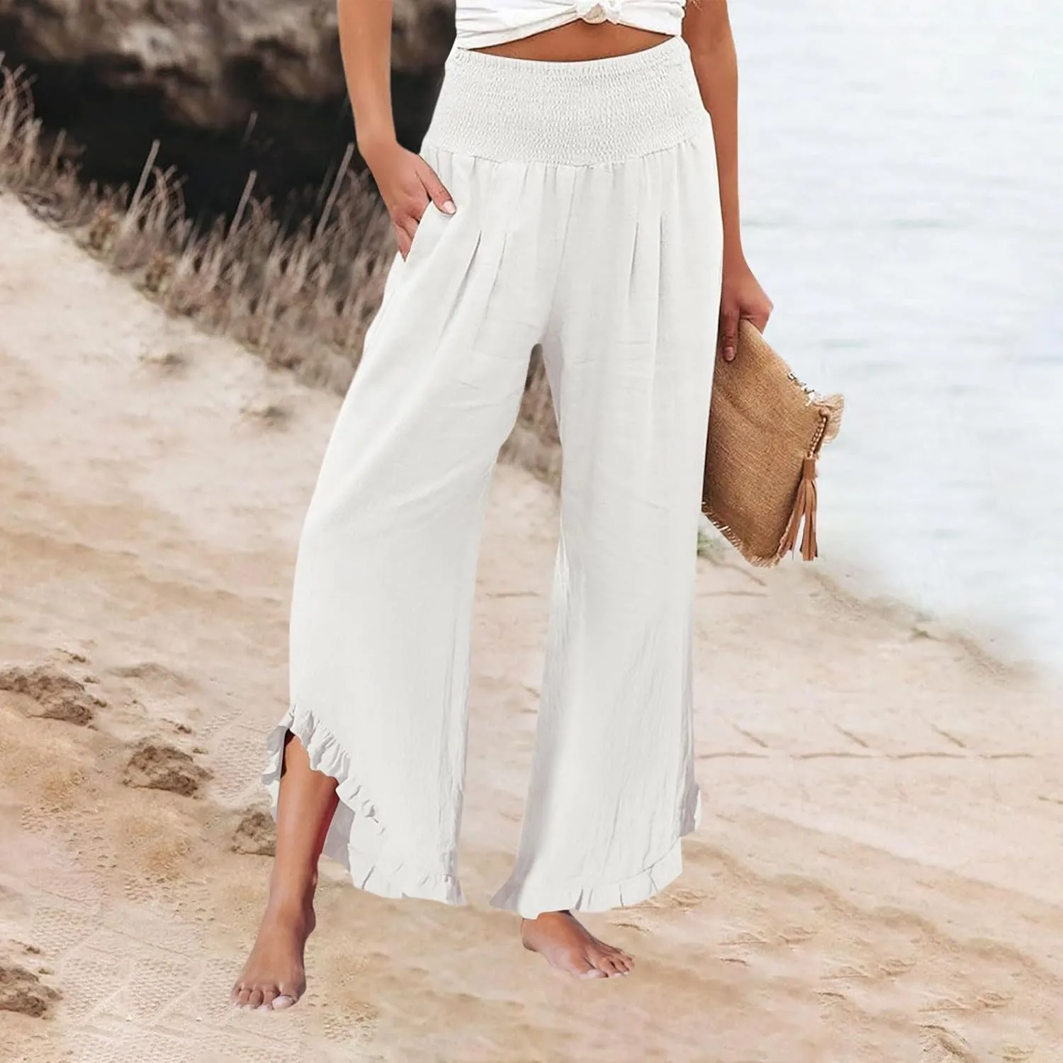 Women Linen Wide Leg Palazzo Pants Summer Flowy Baggy High Waist Casual Lounge Travel Trousers with Pockets