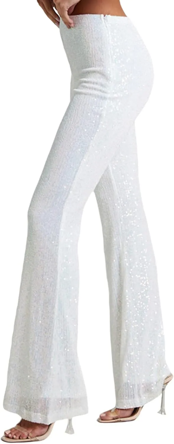 Women Sequins Wide Leg Pants High Waist Sparkle Glitter Trousers Bling Glitter Elastic Loose Flare Bell Bottom Shiny Pants