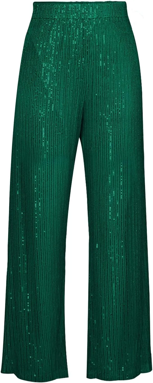 Women Sequins Wide Leg Pants High Waist Sparkle Glitter Trousers Bling Glitter Elastic Loose Flare Bell Bottom Shiny Pants