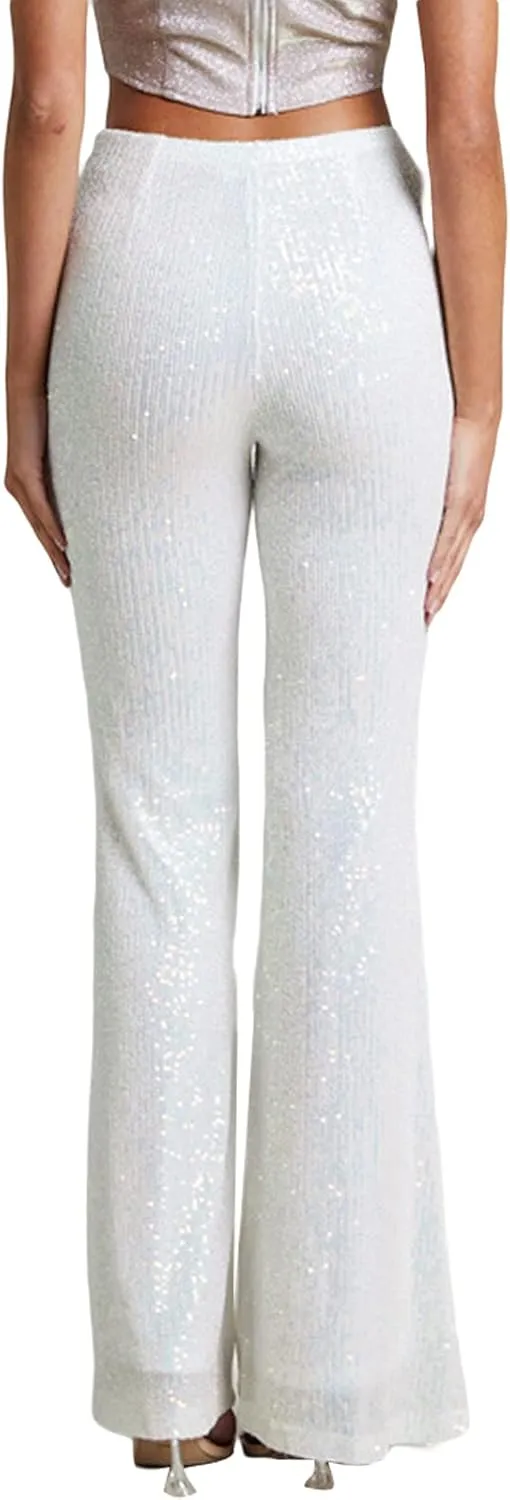 Women Sequins Wide Leg Pants High Waist Sparkle Glitter Trousers Bling Glitter Elastic Loose Flare Bell Bottom Shiny Pants